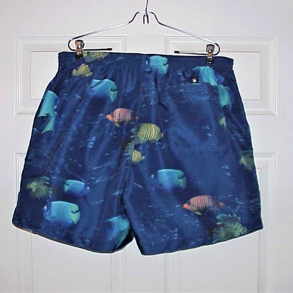 MEN'S 1980'S VINTAGE NAUTICA, NOS, BLUE W/ FISH, XL SWIM TRUNKS MESH LINED, POLY - Picture 2 of 2